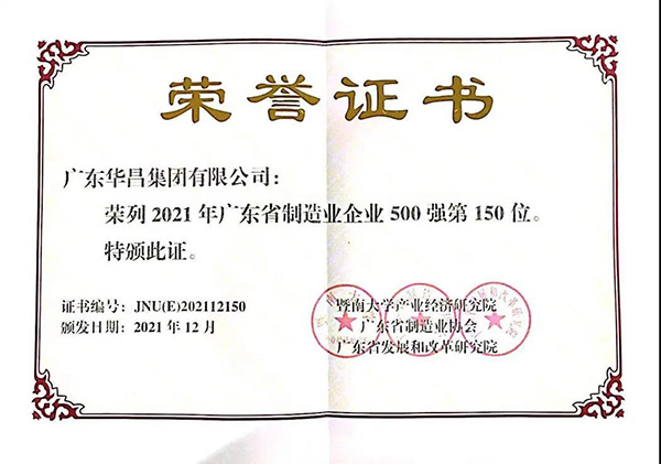 【強!】排名躍升68位!華昌集團榮列廣東省制造業企業500強第150位!