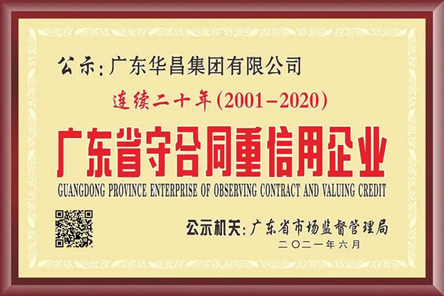 華昌連續20年獲“廣東省守合同 重信用企業”榮譽稱號