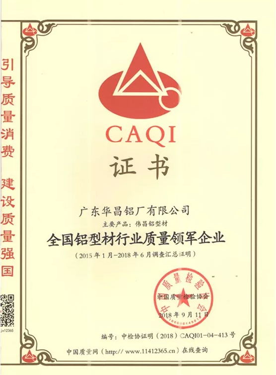 華昌榮譽 | 質(zhì)量創(chuàng)名牌，華昌鋁業(yè)被授予“全國鋁型材行業(yè)質(zhì)量領(lǐng)軍企業(yè)”稱號
